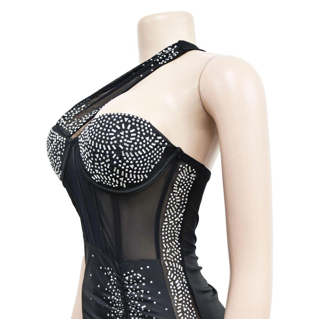 C6307 European & American Fashion Women's Solid Color Mesh Asymmetrical Neck Sleeveless Dress