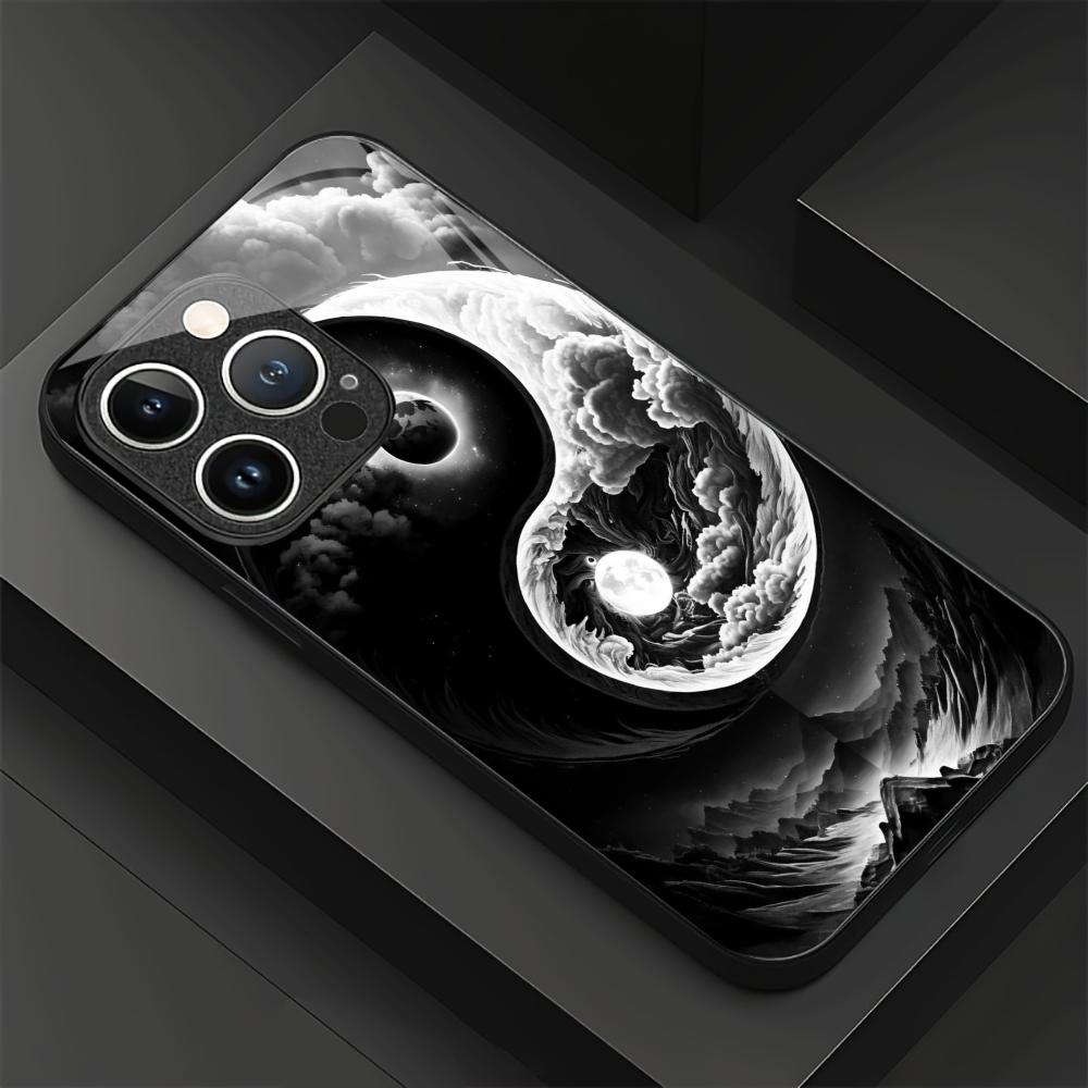 Yin Yang Phone Case Glass Tempered Glass For iPhone 16 15 14 13 12 Pro Max Plus Shock Absorption Hard Glass Phone Back Cover