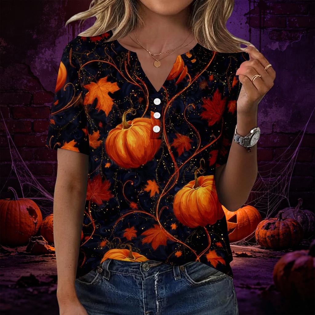 Women V Neck Short Sleeve Button Decor Top with Halloween Print Casual Loose Fit T Shirt for Daily Wear