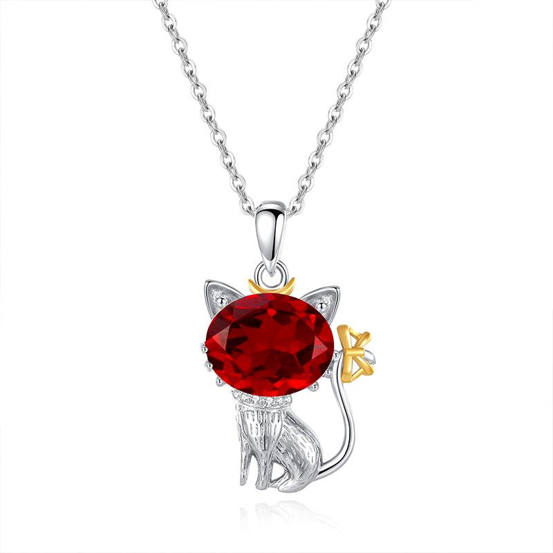Natural crystal stone cat pendant S925 sterling silver necklace women's niche cute style girl gift jewelry