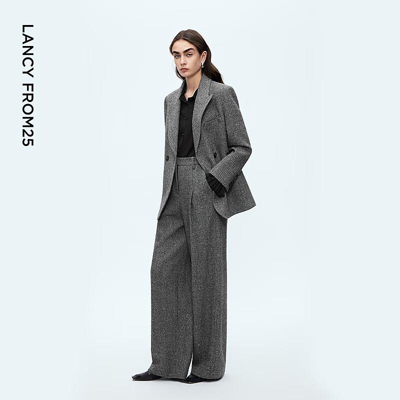 Langzi Retro Herringbone Wool Blend Wide-Leg Suit Pants