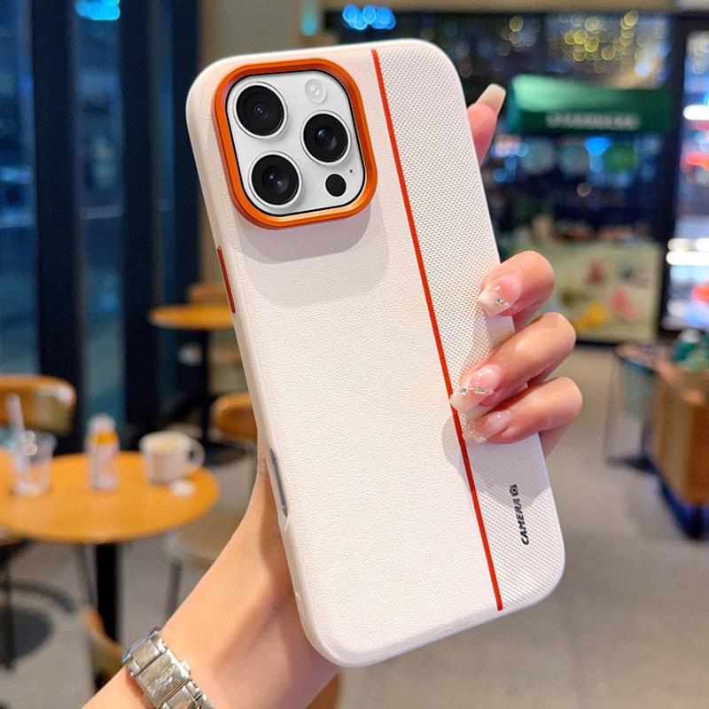 For iPhone 16 Pro Case Splicing PC+PU Leather Phone Back Cover with Metal Lens Ring/Buttons