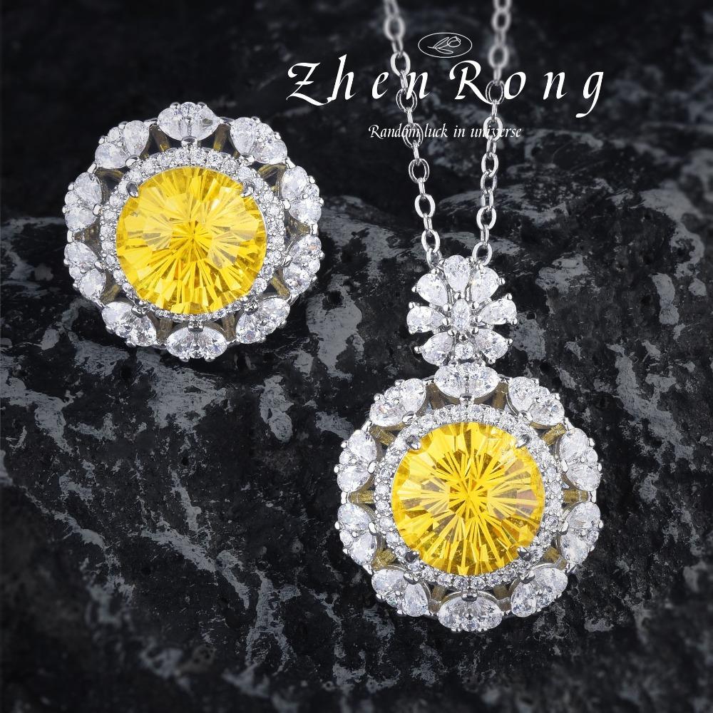 Women Jewelry Set Yellow Diamond Ring Pendant Necklace Sparkling Firework Cut Aquamarine Purple Diamond