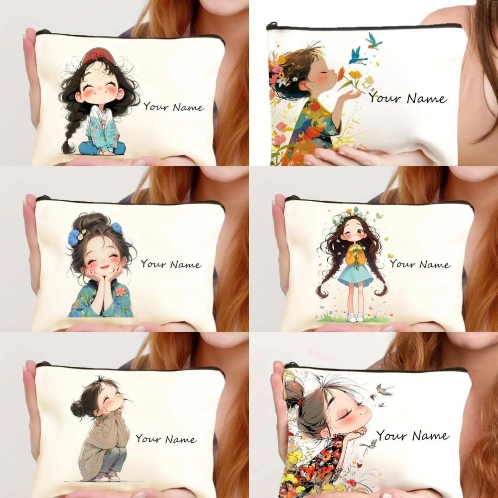 Trendy Vintage Style Makeup Bag Cute Girl Pattern Travel Handbag Toiletry Bag Pencil Case Zipper Cosmetic Bag