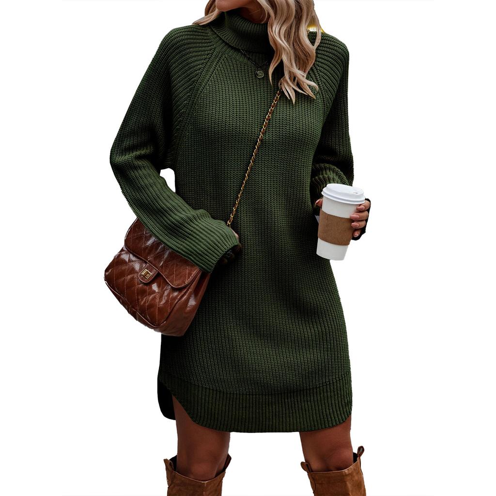 Women's High Neck Button Detail Knit Sweater Dress Loose Sleeve Mini Dress Multi Colors