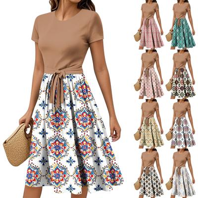 Women's Casual Fashion Belted Vintage Printed Short Sleeve Round Neck Elegant Dress