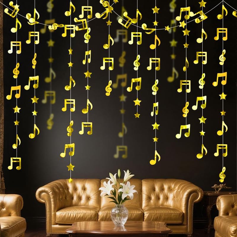 Gold Shimmering Musical Note Star Hanging Garland Gold Music Theme Party Hanging Backdrop Ceiling Decor for Birthday Baby Shower Party Concert