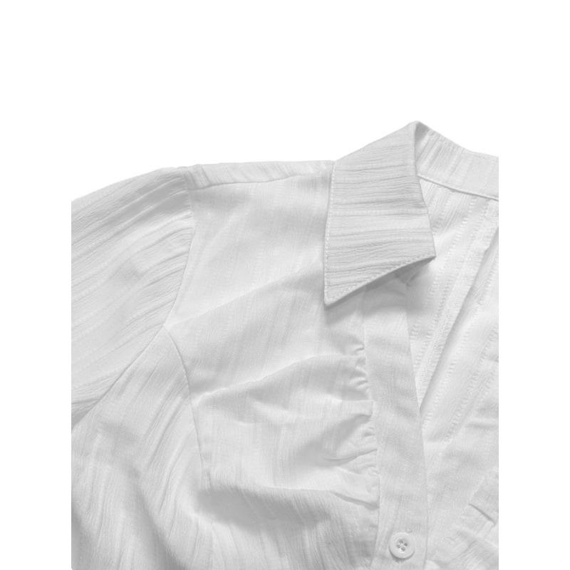 White Slim Fit Waist Cinched Women's Shirt Fashion Flared Long Sleeve Elegant Blouse Pleated Spring Autumn Sexy Elegant Tops Streetwear Basic Clothing