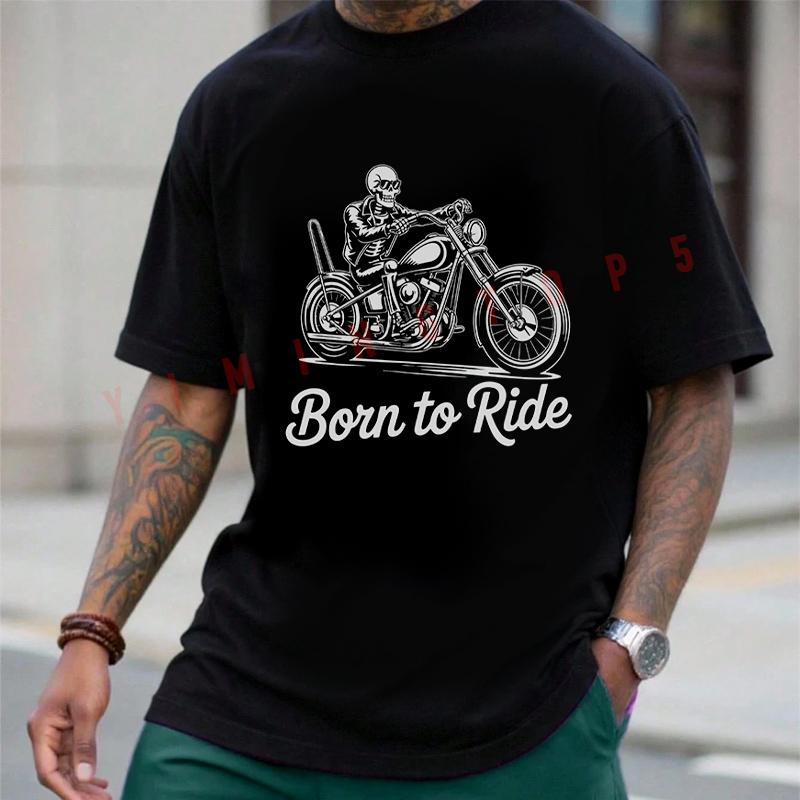 Born To Ride Skeleton Biker Graphic Motorcycle T-shirt Men's Summer Cotton Casual Short-sleeved