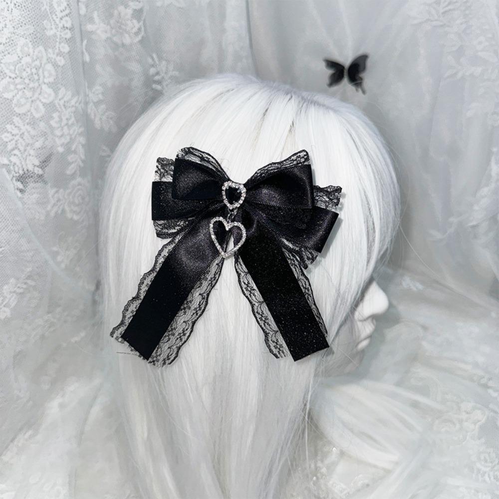 1/2Pc Heart Pendant Lace Bow Hair Clips Y2k Style Ponytail Hairpins Kawaii Gothic Hair Clips Anime