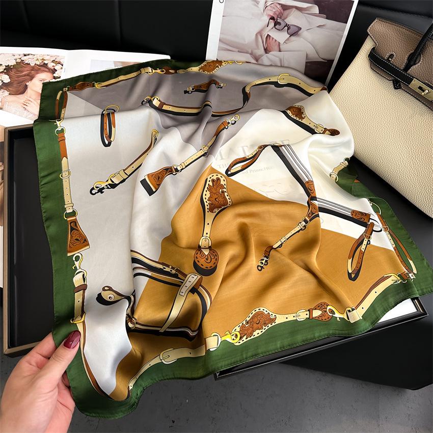 Elegant Ginkgo Leaf Print Silk Square Scarf – Versatile Headscarf for Spring and Summer