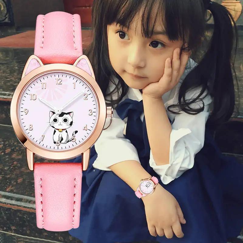 UTHAI Children Watch Girl Pink Cute Cartoon Cat Watch Waterproof 5-15 Year Old Primary School Student Women Fashion Quartz Clock