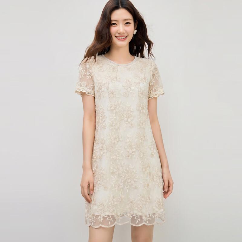 Qiushui Yiren Women s 3D Lace Jacquard Round Neck Dress M