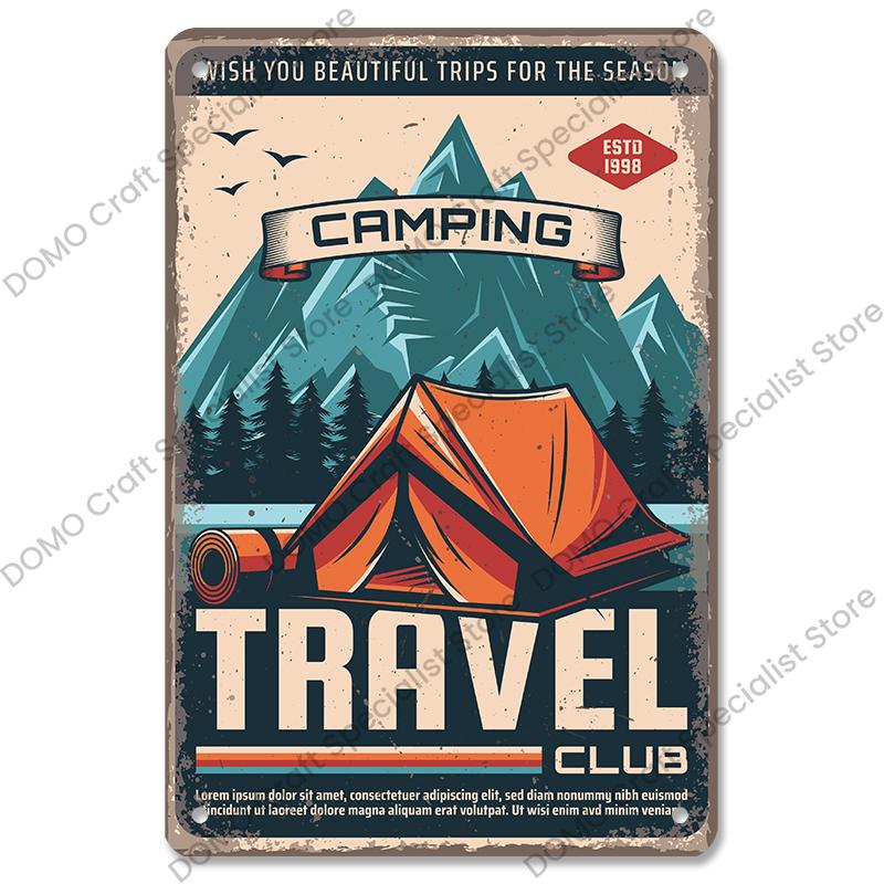 Camping Abenteuer Plaketten Vintage Metall Platte Berg Reise Campervan Touren Retro Metall Zeichen Wand Dekor Reise Club Camping Autos