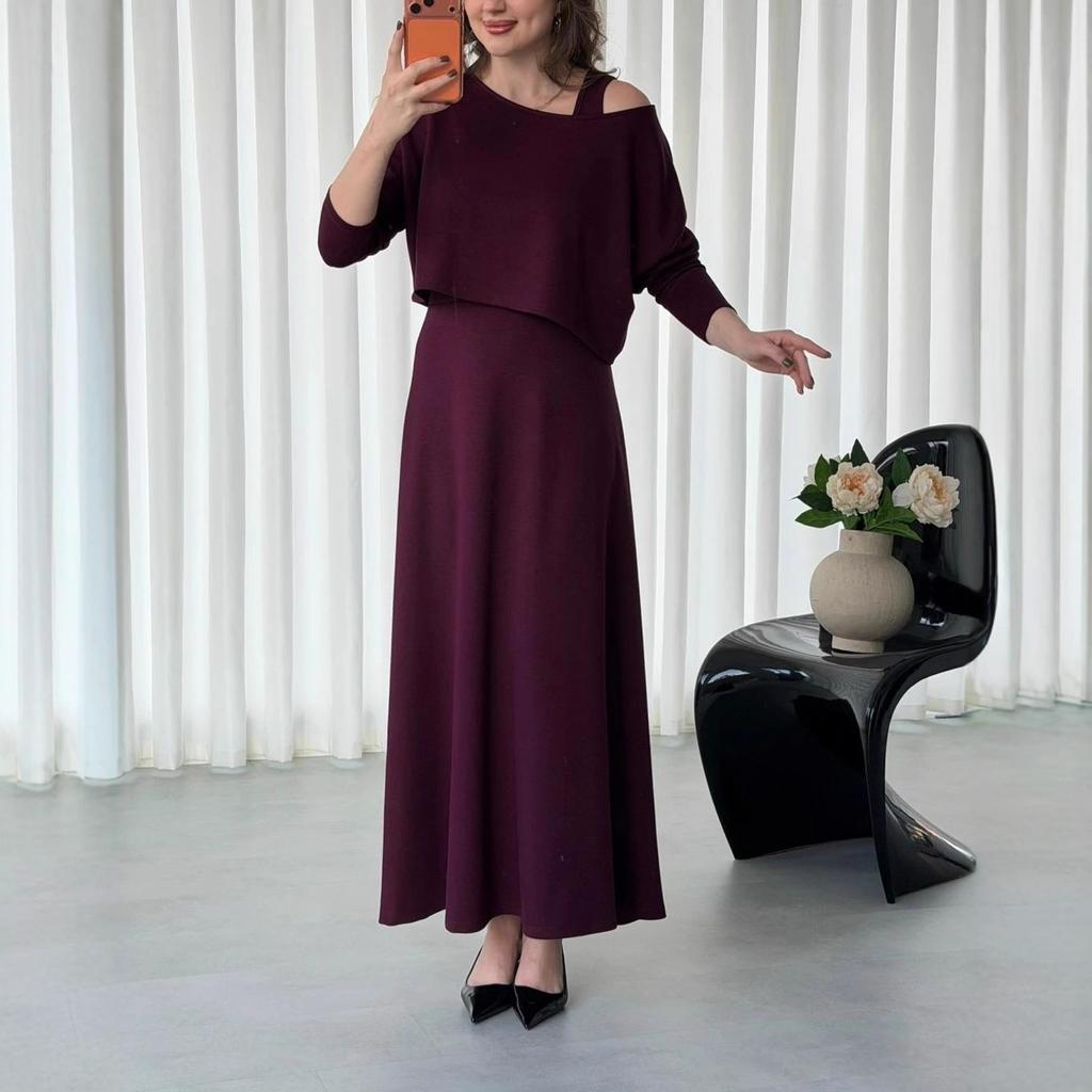 cross-border European and American autumn new single shoulder suspender slim-fit long-sleeved A-shaped long skirt slim-fit temperament women's