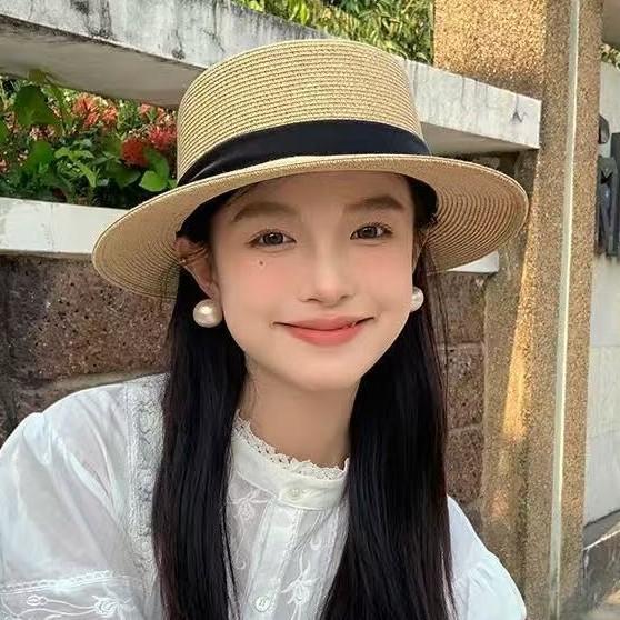 Hepburn French Flat Top Straw Hat Women's Seaside Vacation Visor Breathable Sunscreen Hat