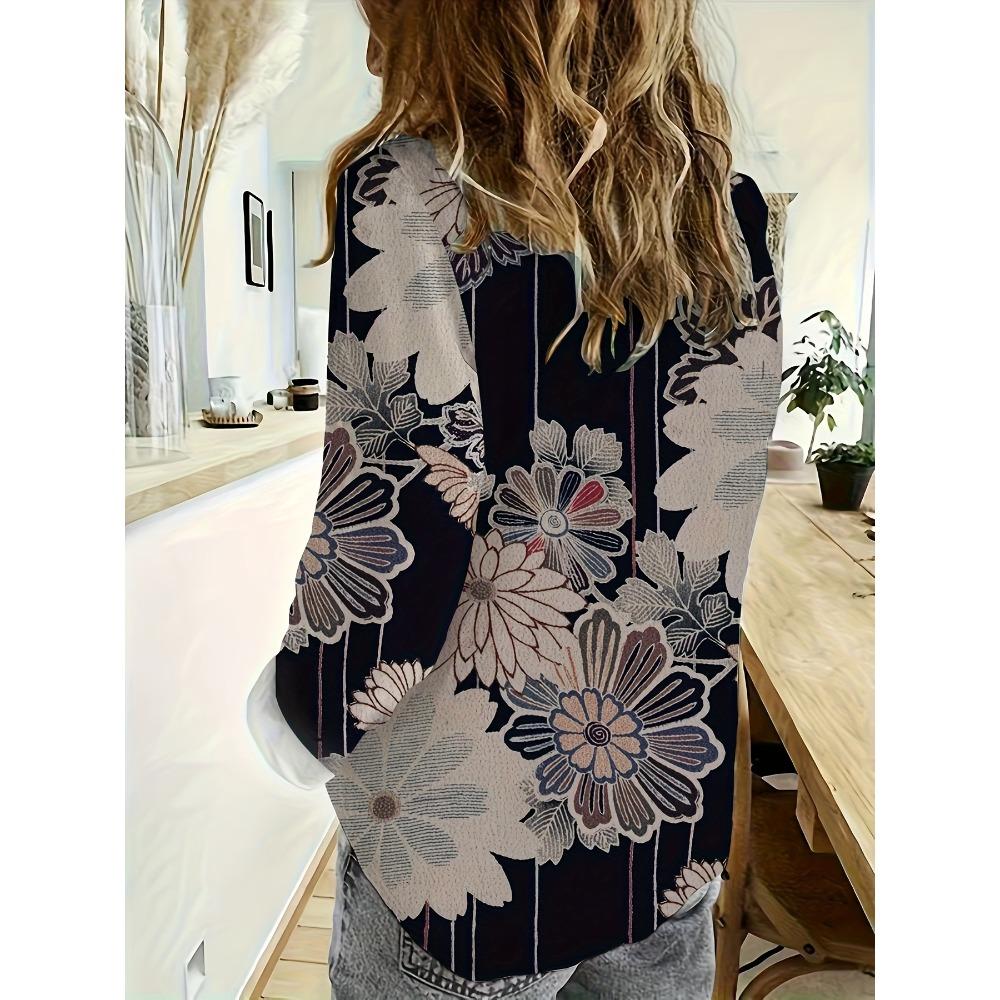 Women's Vintage Floral Print Long Sleeve Shirt - Casual Button Up Top, Classic Neckline, Machine Washable