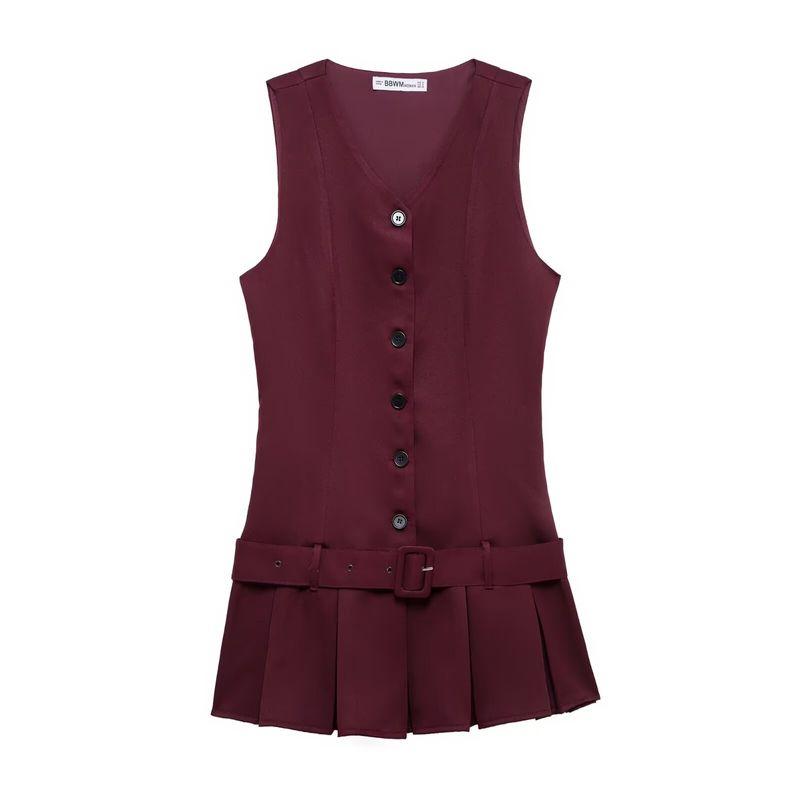 

Kaslead New Arrival Women s Clothing Fashion Style Wide Pleated V-neck Brace Short Sleeveless Dress 2180268 Red L