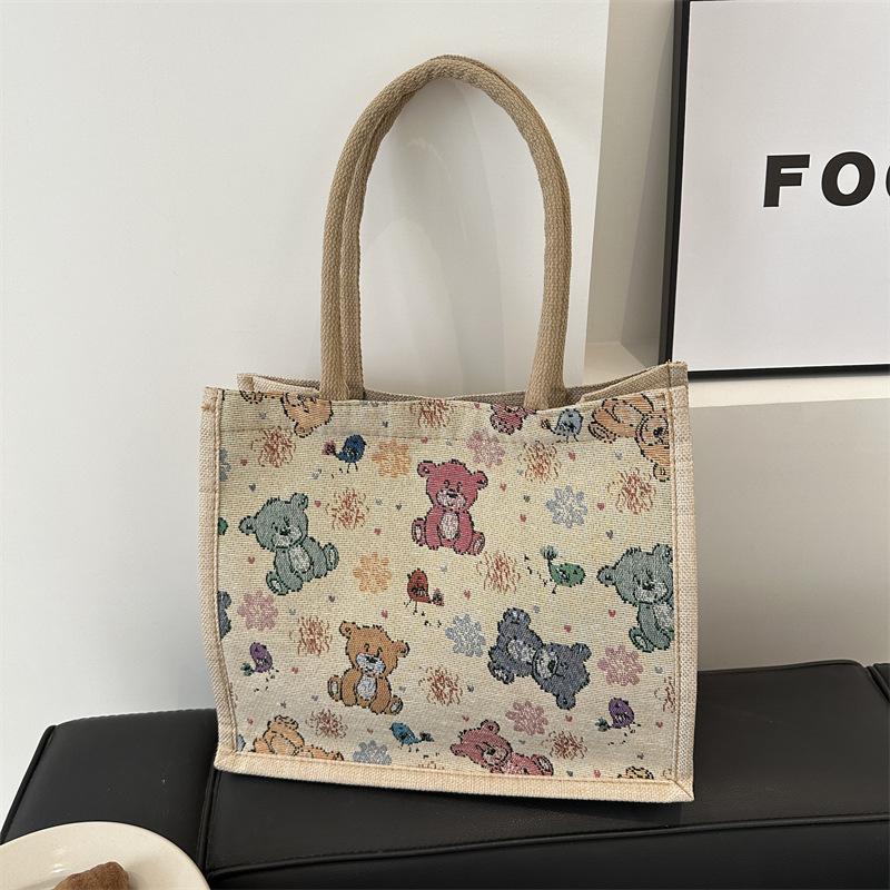 

Портативная льняная сумка Бхутто очень большой вместимости, мультяшная креативная с медведем, универсальная сумка через плечо/подмышку one size fits all хаки