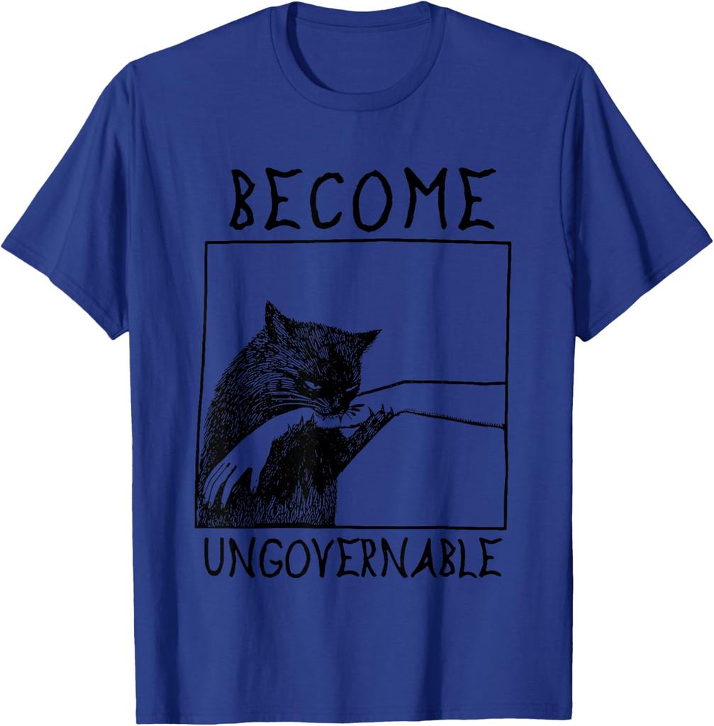 Become Ungovernable Biting Cat Meme Graphic Tee Cotton Casual Crewneck T-Shirt for Daily Wear