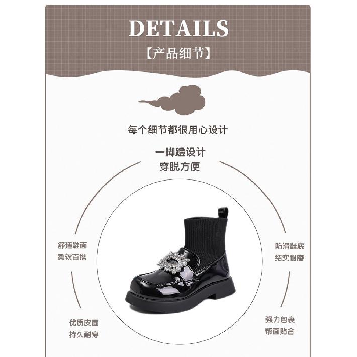 Girls' sock boots2026Spring and Autumn New Princess Martin Boots Children's Leather Shoes Girls' Soft Sole Short Boots Black