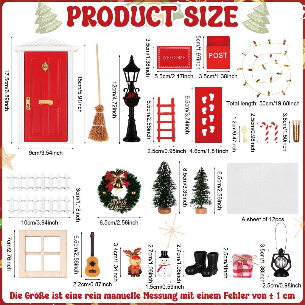 Datingshiny 26 StüCk Weihnachten Miniatur WichteltüR ZubehöR Set, Miniatur Wichtel ZubehöR Mit Wichtel TüR BriefkäSten Kranz Wei