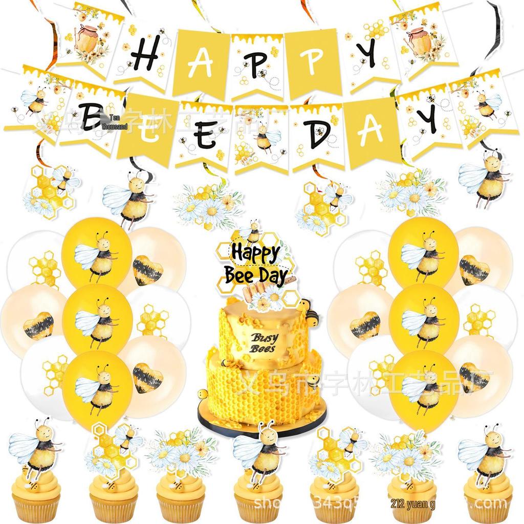 Spring Bee-Themed Birthday Party Disposable Tableware Set: Tablecloth, Napkins, Plates, Decorations.