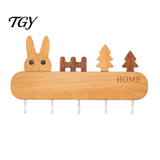 Adhesive Key Rack for Wall Wooden Holder with 5 Hooks, Cartoon House Theme Organizer, Multi Heavy Duty Screw Fixation Hooks Purpose Hanging