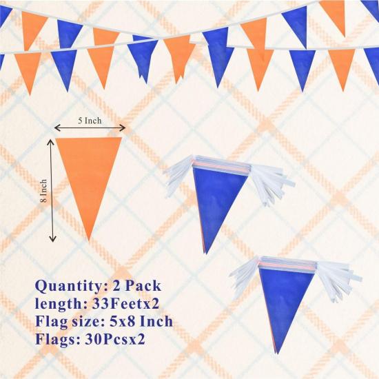 2 Pack Blue and Orange Pennant Banner Flags Dercoations for Birthday Graduation Classroom Party Supplies 66Feet 60Pcs