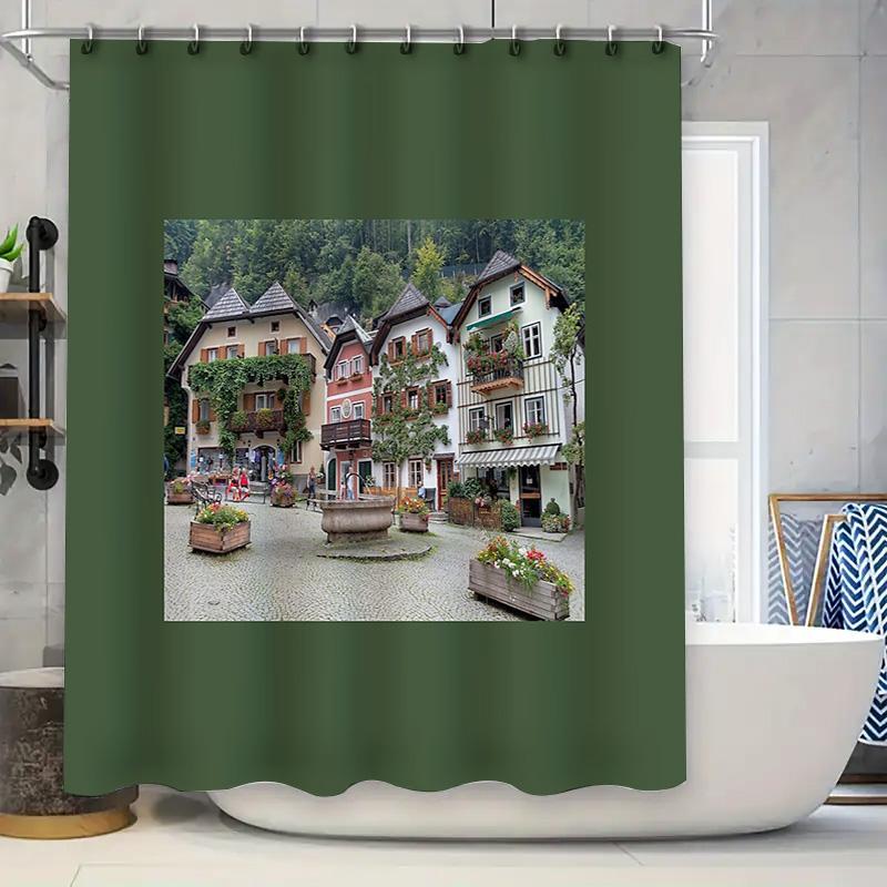 

Vintage European Village Shower Curtain Rustic Farmhouse Bathroom Decor Floral Landscape Scenic Wall Hanging W60H190(CM)-1 Pcs