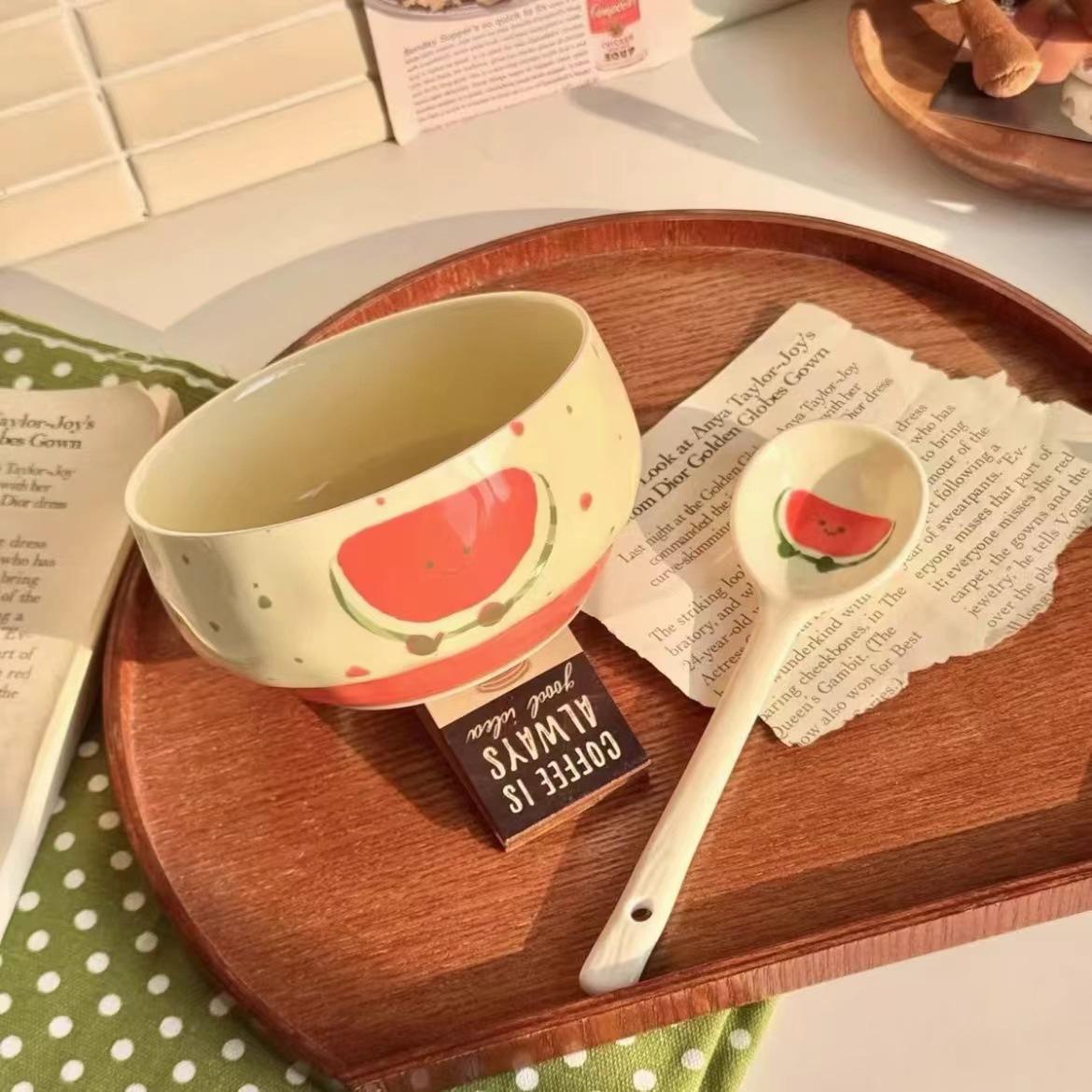 Cute Fruit Ceramic Bowl Creative Kawaii Hand-painted Ceramic Anti-scald Soup Bowl Home Kitchen Noodle Ramen Tableware Bowl