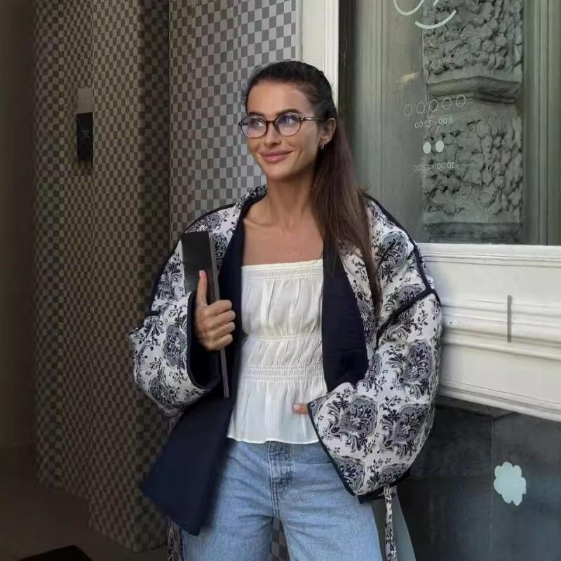 Autumn and Winter New Women's Design Sense Commuter Casual All-match Long-sleeved Printed Cotton Jacket