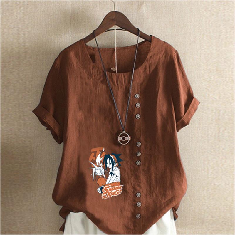 Women's Fashion Cartoon Characters Print Short Sleeve T-shirt Loose Cotton Shirt Casual Loose Summer Blouse Tops