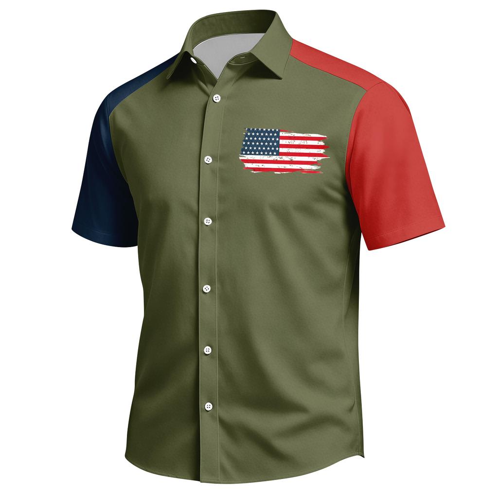 Top da Uomo Stampato per il Giorno dell'Indipendenza con Colletto Camicia Casual Sportiva a Maniche Corte da Uomo