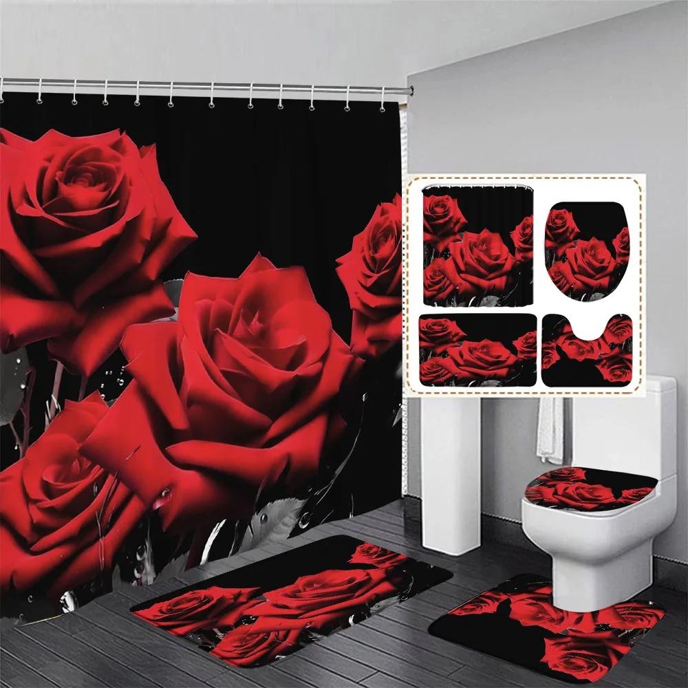 Valentine'S Day Shower Curtain Set Red Heart Shaped Rose Flowers Lovers Gift Home Bathroom Decoration Bath Mats Toilet Lid Cover