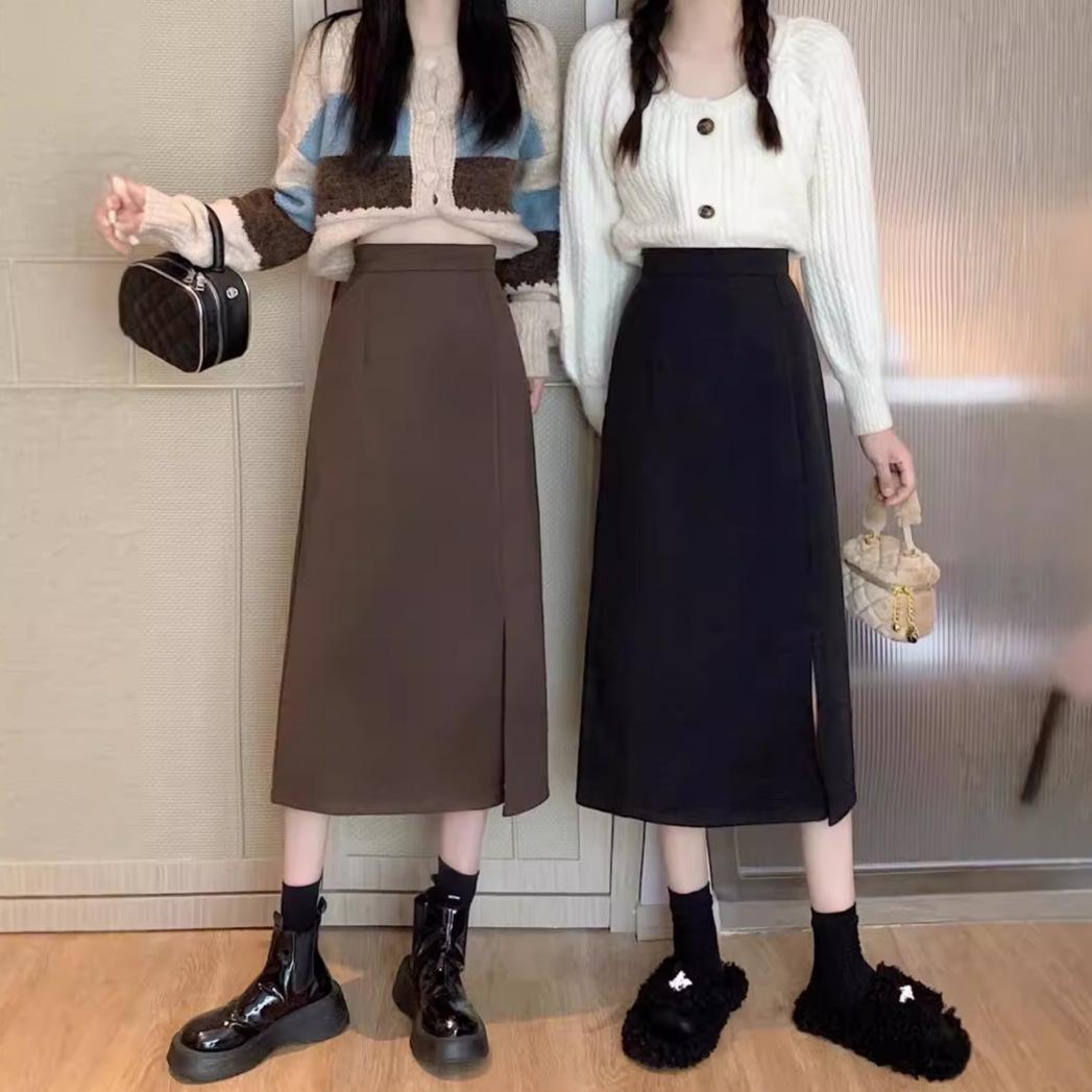 

Women s High Waist Slim A-Line Midi Skirt with Slit - 2024 Korean Spring Fashion XS чорний