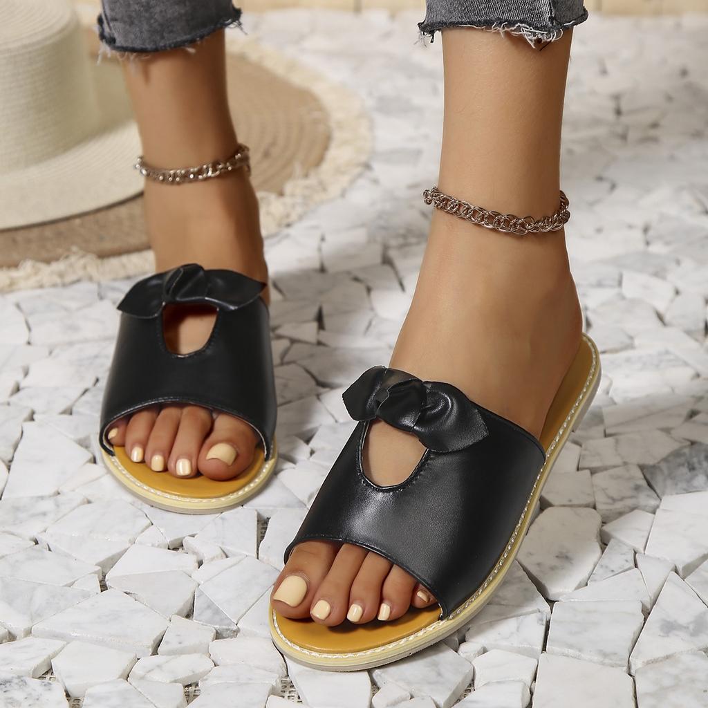 2025 Summer New Arrival Plus Size Women's Shoes Casual Solid Color Bow Stitching Thong Sandals