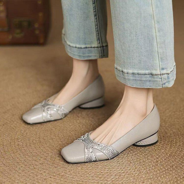 French Soft Leather Light Mouth Single Shoes Spring New Niche Snake Pattern Square Head Thick Heel Small Leather Shoes