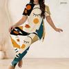 Women Plus Size Printed Round Neck Short Sleeve Longline Top Fitted Pants Two Piece Set