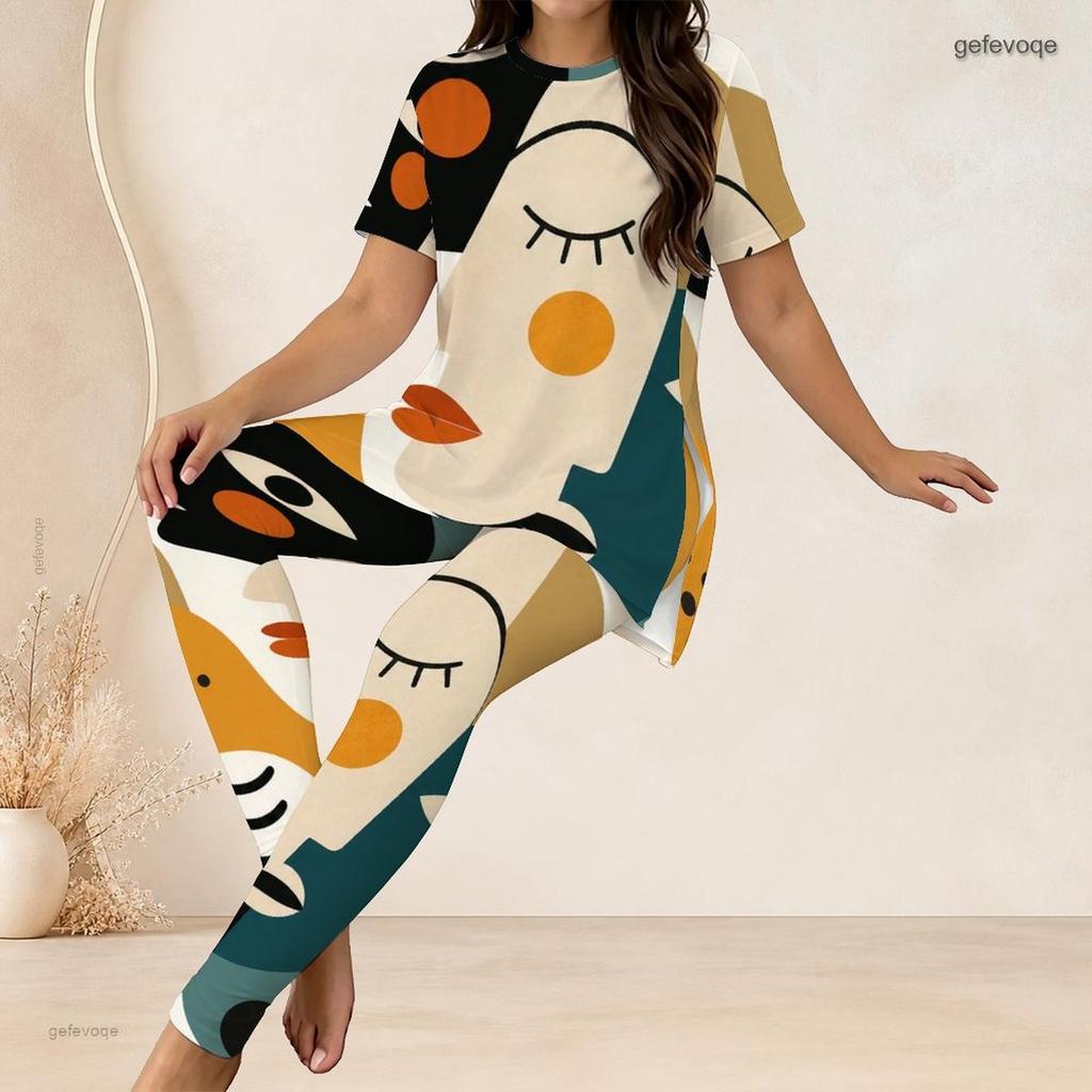 Women Plus Size Printed Round Neck Short Sleeve Longline Top Fitted Pants Two Piece Set