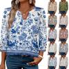 Women V Neck Blouse Loose Fit Casual Three Quarter Sleeve Top with Button Detail Lightweight Printed Shirt for Everyday Wear
