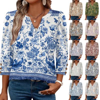 Women V Neck Blouse Loose Fit Casual Three Quarter Sleeve Top with Button Detail Lightweight Printed Shirt for Everyday Wear