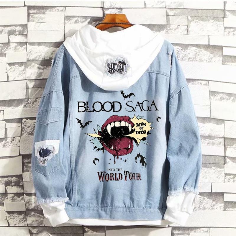 ENHYPEN BLOOD SAGA Tour Printed Denim Jacket ENGENE Fan Hooded Loose Support Jacket