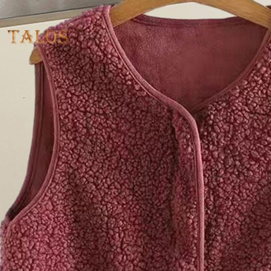 Women Fall Spring Vest Round Neck Thick Fleece Pockets Solid Color Sleeveless Zipper Closure Retro Warm Office Street Home Vacation Layering