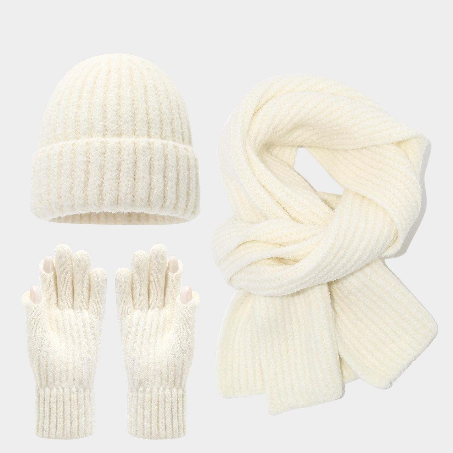 Japanese-Style Literary Minimalist Fingerless Touchscreen Glove, Hat and Scarf Three-Piece Set - Korean-Style Simple Warm Outfit