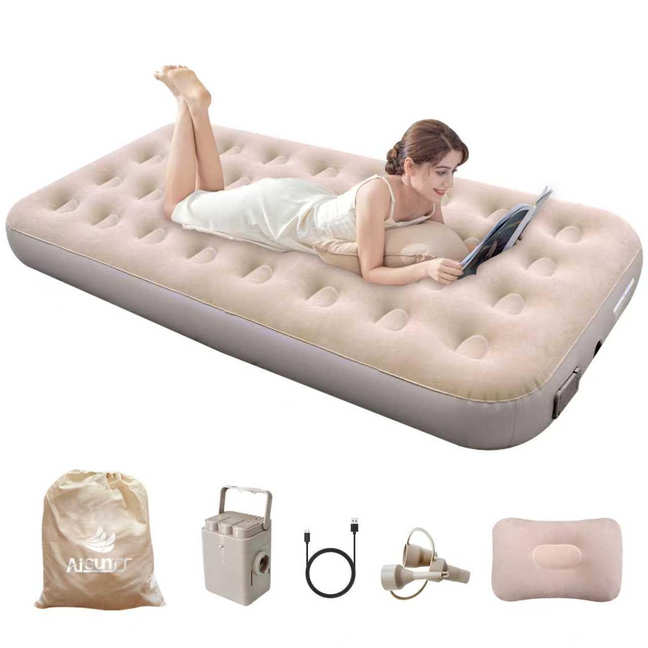 

AISUNSS Air Camping Electric Compact and 190cm Long x 100cm Wide x 25cm For Ideal for Car Home Outdoor and Disaster Preparedness x 100cm x Bed, Gear, бежевый