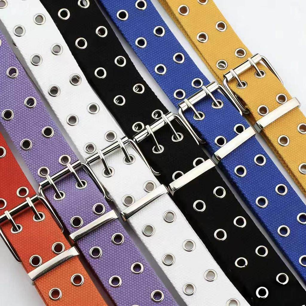 Trendy Double-Breasted Canvas & Rivet Belt - Casual Hollowed-Out Denim Belt with Leather Accents