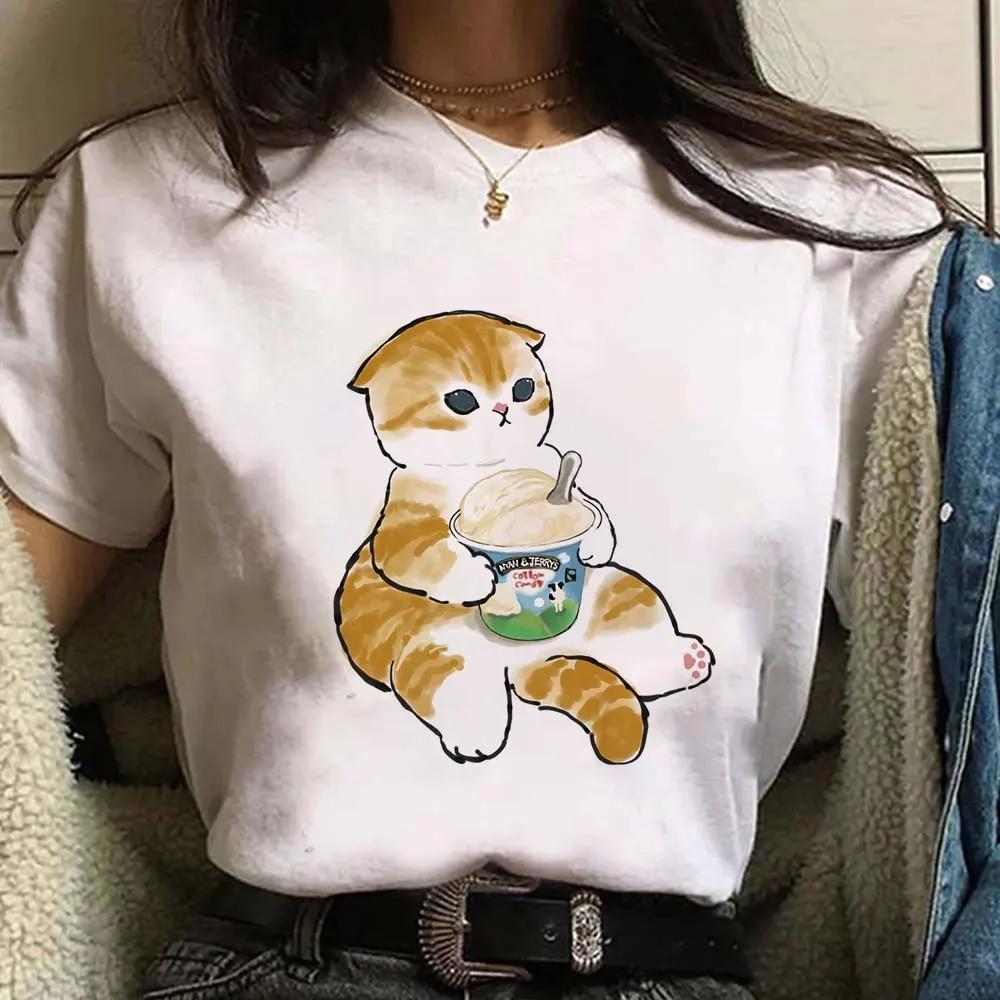 Cute Cat Print Short Sleeves Women's Tshirt Fashion Streetwear Y2k Clothing Sportwear Harajuku Pullover Tops Tees Summer Spring