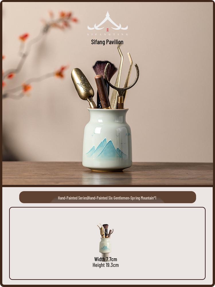 Hand-Painted Kung Fu Tea Ceremony Set: Six Gentlemen Accessories with Tea Tongs, Brush, and Tea Pet