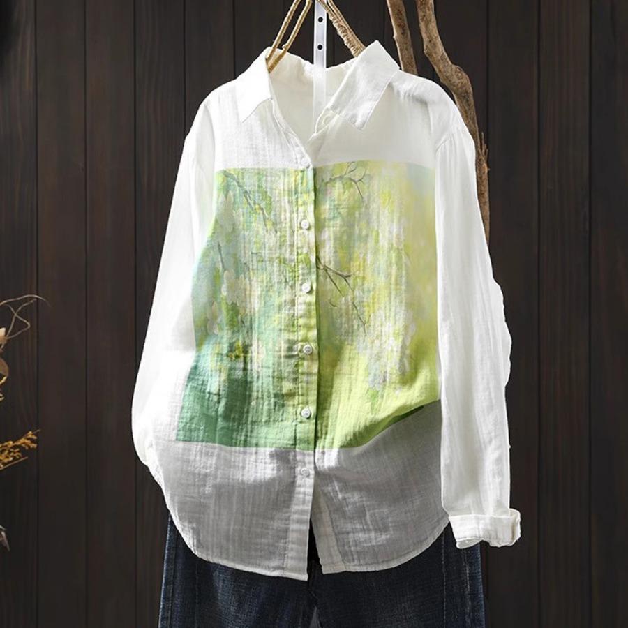 Primavera Otoño Top Blanco Camisas de Hilo de Algodón de Doble Capa Mujer Cuello de Solapa Manga Larga Blusas Estampadas